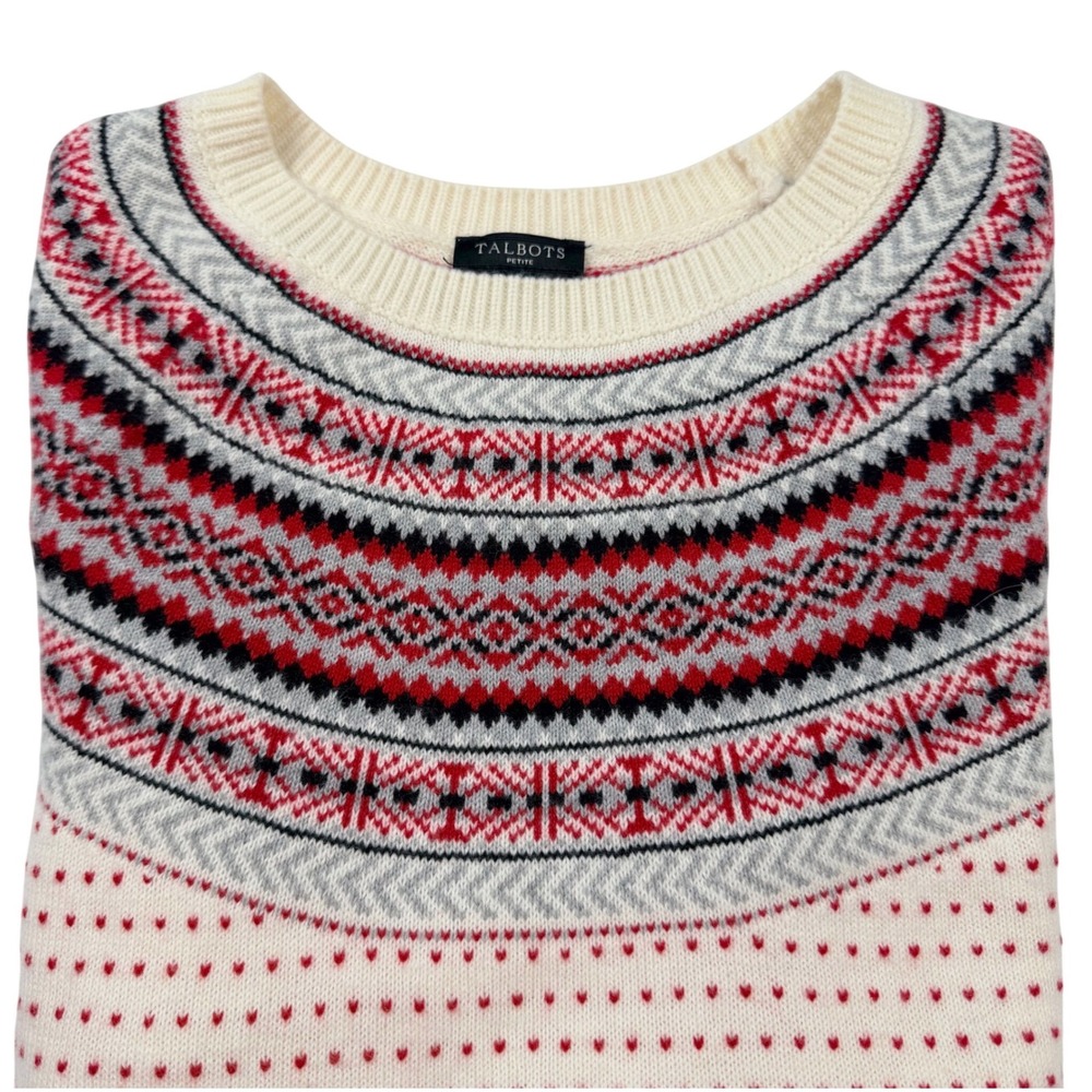 Talbots Fair Isle Sweater Women MP White Red Excellent Lambswool Blend‎ Crewneck